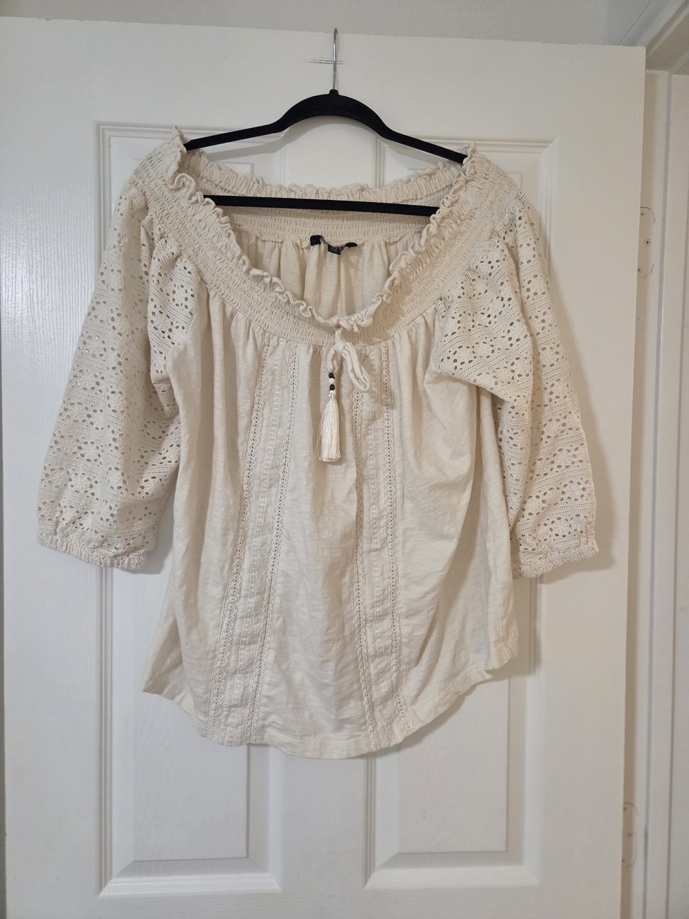 Ralph Lauren Cream Eyelet Off-Shoulder Peasant Blouse. Boho Cottagecore Beach. L